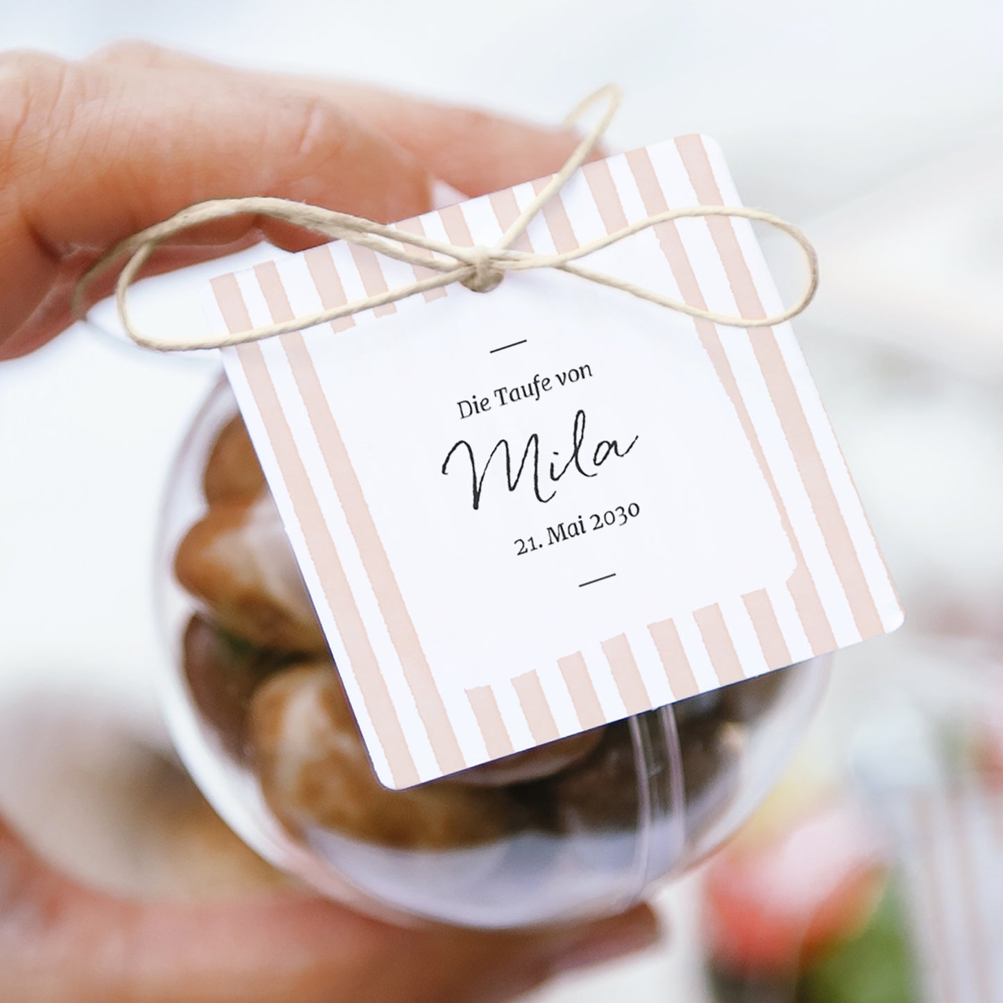 Geschenkbox Taufe Kugel mit quadratischem Etikett Helle rosa Streifen II foto N° 1