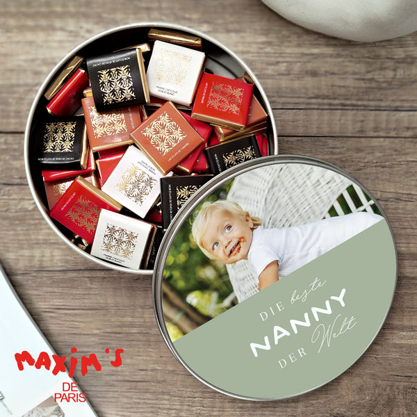 Metalldose runde, mit Schokolade gefüllt Beste Nanny der Welt foto