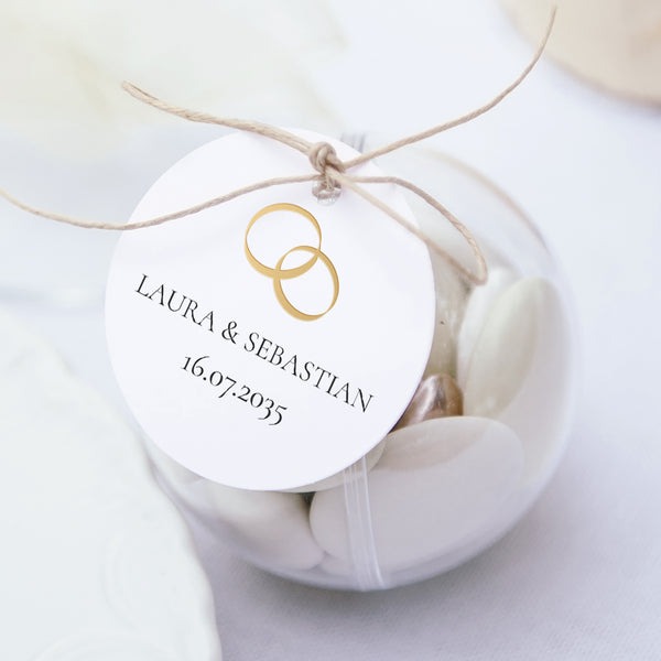 Geschenkbox Hochzeit Kugel mit runder Etikette Goldene Eid foto