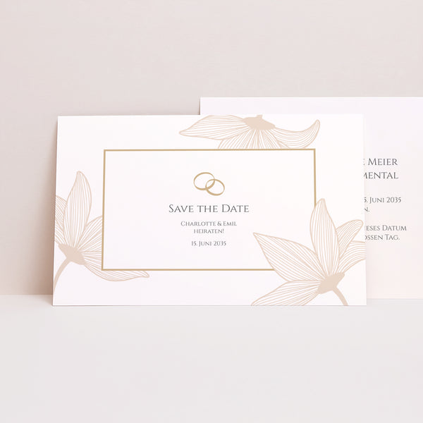 Save the date Karte Hochzeit Landschaft Blumen der goldenen Eleganz foto