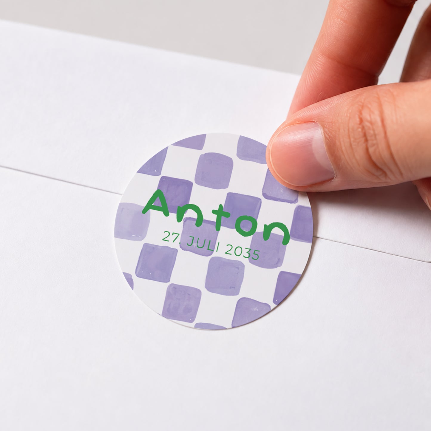 Sticker Geburt Rund Lila Schachbrett foto N° 1