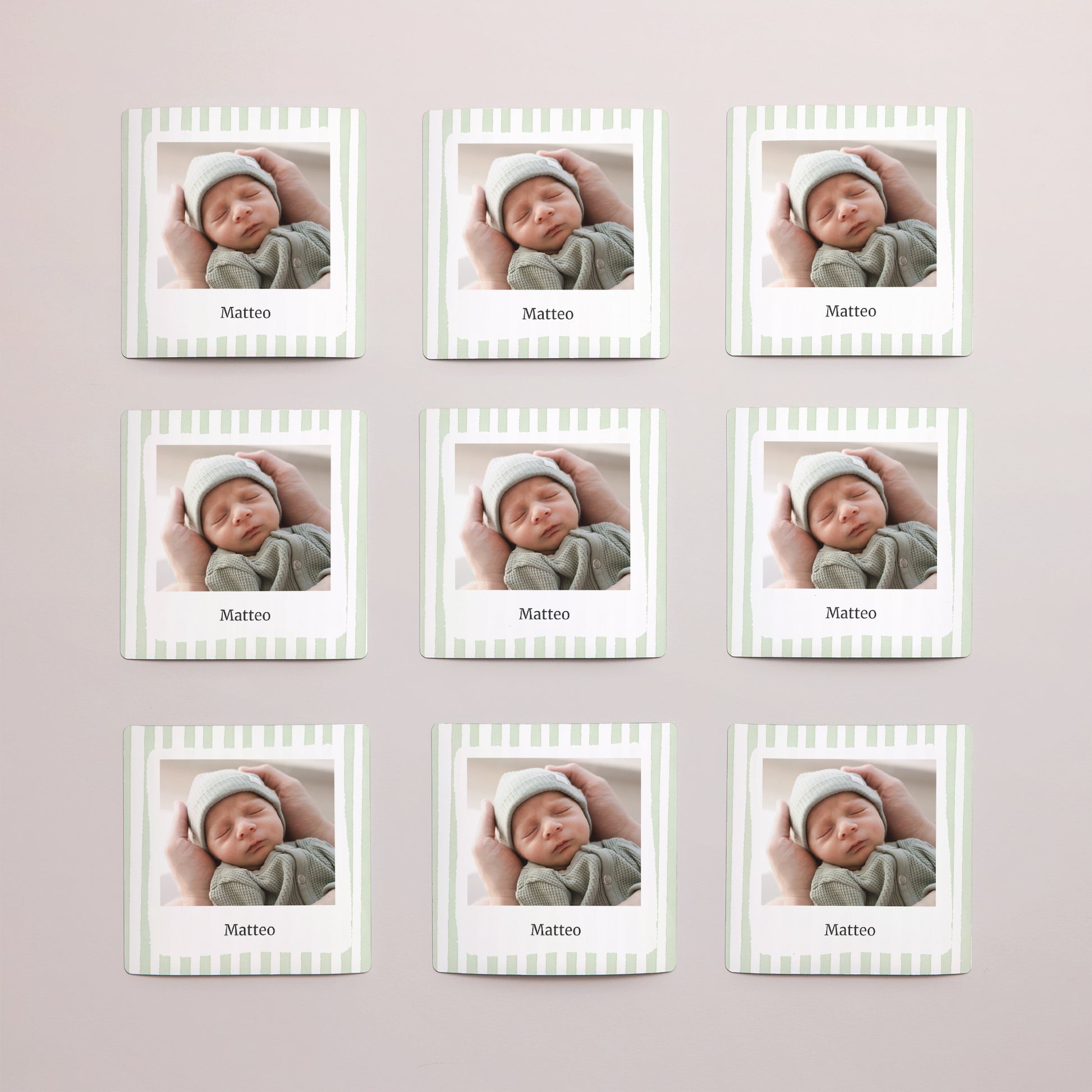 Dankeskarte Geburt Satz von 9, magnetisch. Helle grüne Streifen foto N° 3