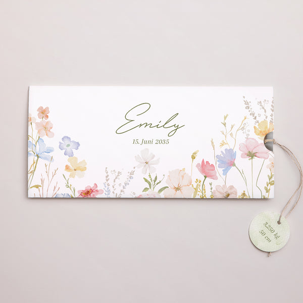Geburtskarten Mappe 2 Karten, Etikett Kleine Liebesblume foto
