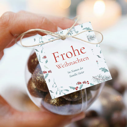 Geschenkbox Weihnachten Kugel mit quadratischem Etikett Eichenblätter foto N° 1
