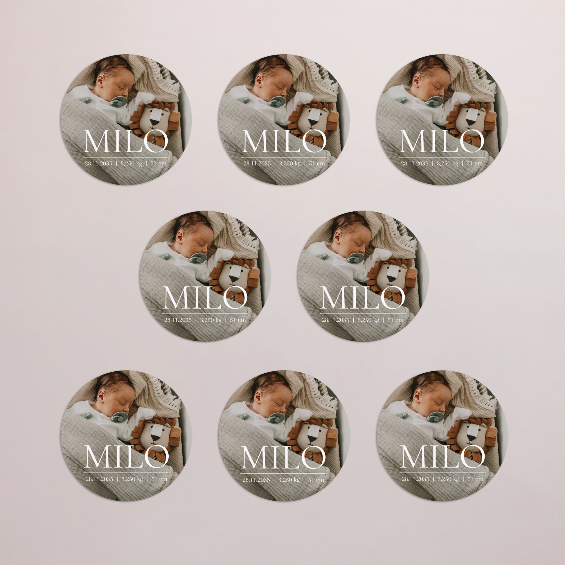 Geburtskarten Set von 8, magnetisch, rund, Ø 10 cm Erinnerungen an Süße foto N° 3