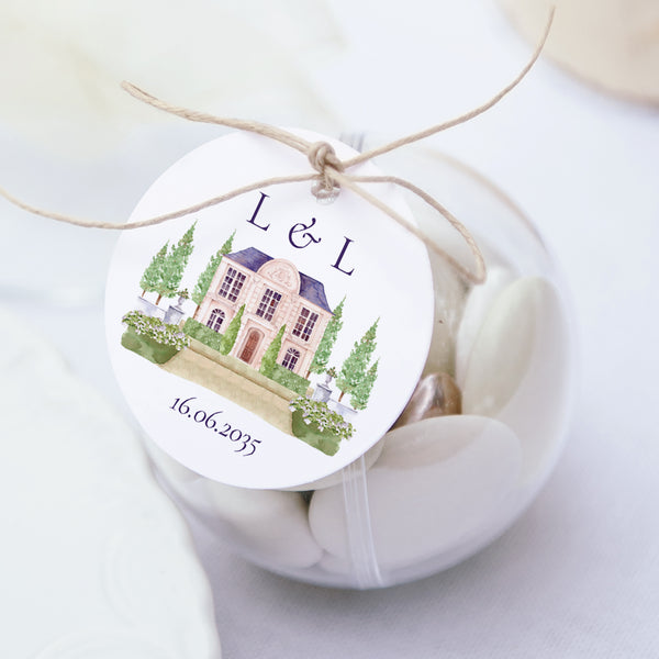 Geschenkbox Hochzeit Kugel mit runder Etikette Das Reich unserer Herzen foto