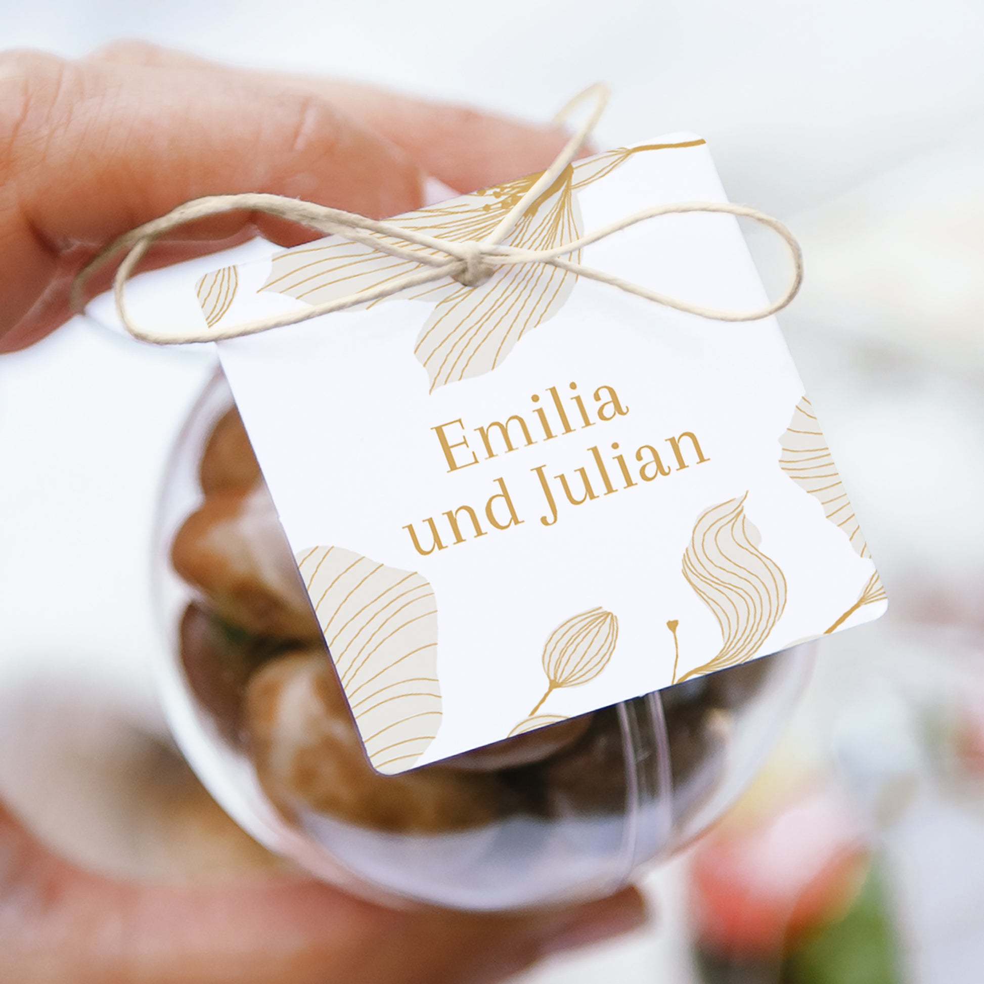 Geschenkbox Hochzeit Kugel mit quadratischem Etikett Linea Botanica foto N° 1