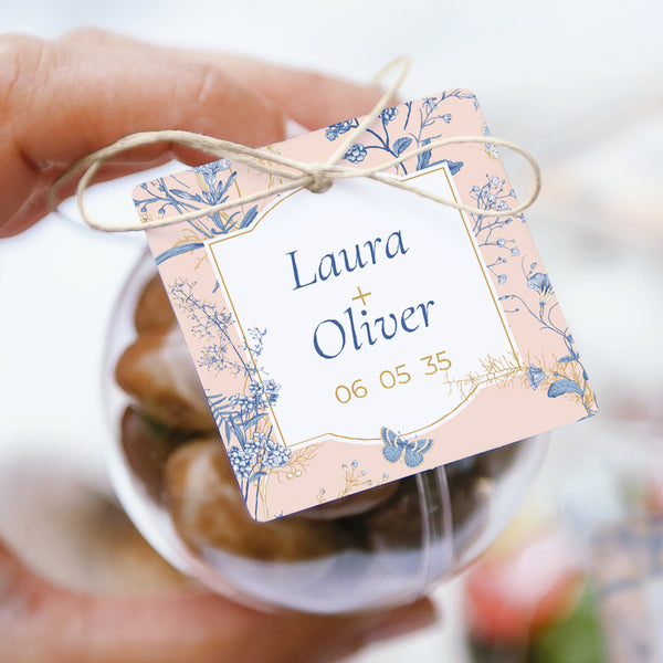 Geschenkbox Hochzeit Kugel mit quadratischem Etikett Wildkräuter foto