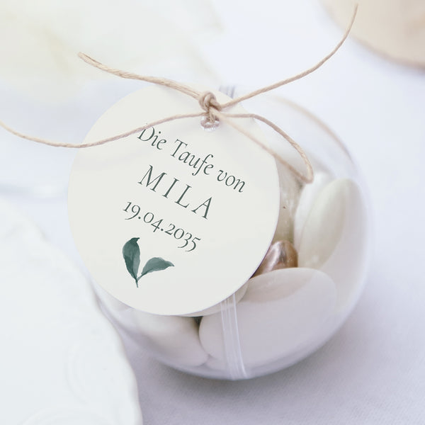 Geschenkbox Taufe Kugel mit runder Etikette Eine Krone der Süße foto