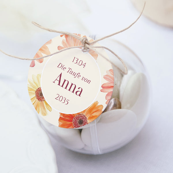 Geschenkbox Taufe Kugel mit runder Etikette Lichtblumen foto
