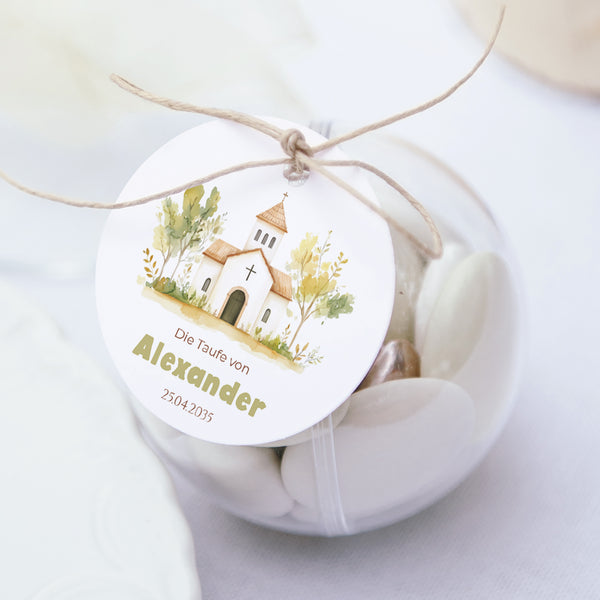 Geschenkbox Taufe Kugel mit runder Etikette Ein Gesegneter Tag foto