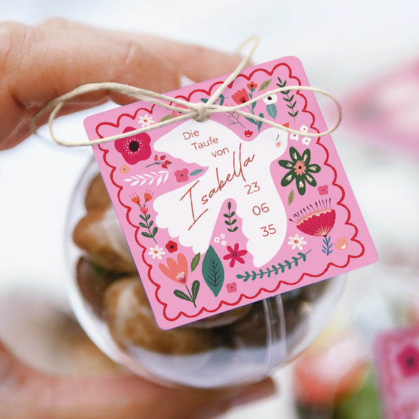 Geschenkbox Taufe Kugel mit quadratischem Etikett Sanfte Versprechen foto