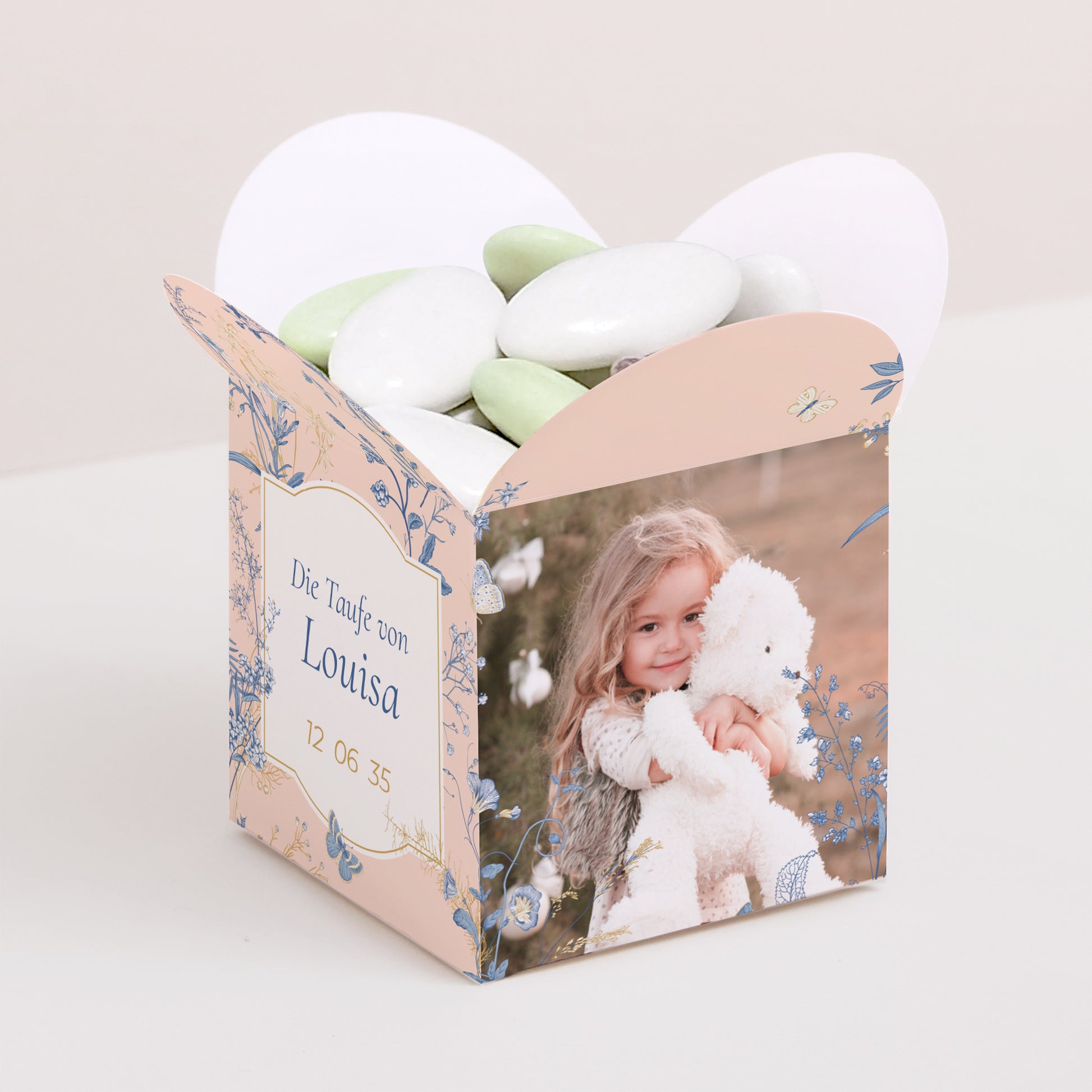 Geschenkbox Taufe Schmetterlingsöffnung Ein blühender Moment foto N° 1