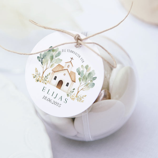 Geschenkbox Kommunion Kugel mit runder Etikette Das Haus des Lichts foto