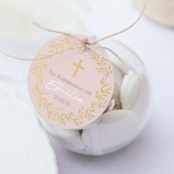 Geschenkbox Kommunion Kugel mit runder Etikette Goldene Rosen Segnung foto