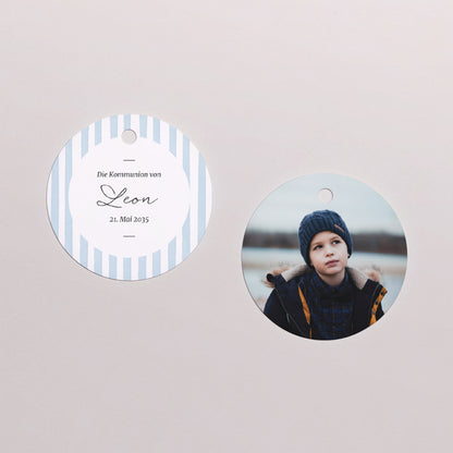 Geschenkbox Kommunion Kugel mit runder Etikette Zwischen den blauen Linien foto N° 3