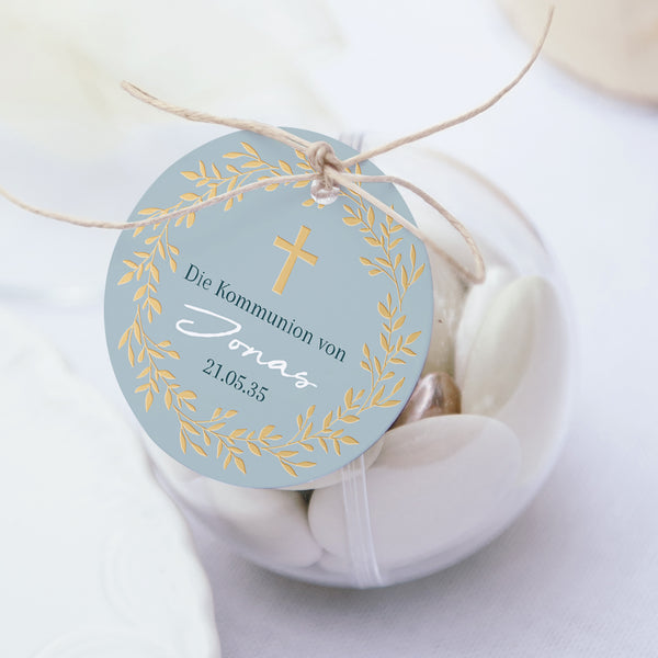 Geschenkbox Kommunion Kugel mit runder Etikette Goldene blaue Segnung foto