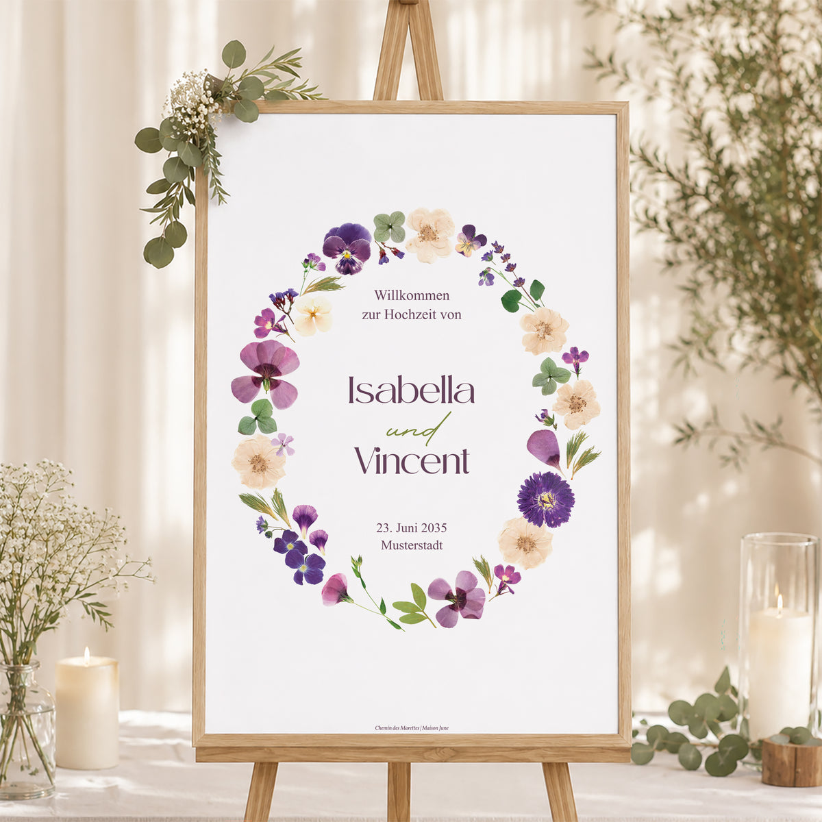 Begrüßungstafel Hochzeit Porträt 60 x 90 cm Blumenrunde foto N° 1