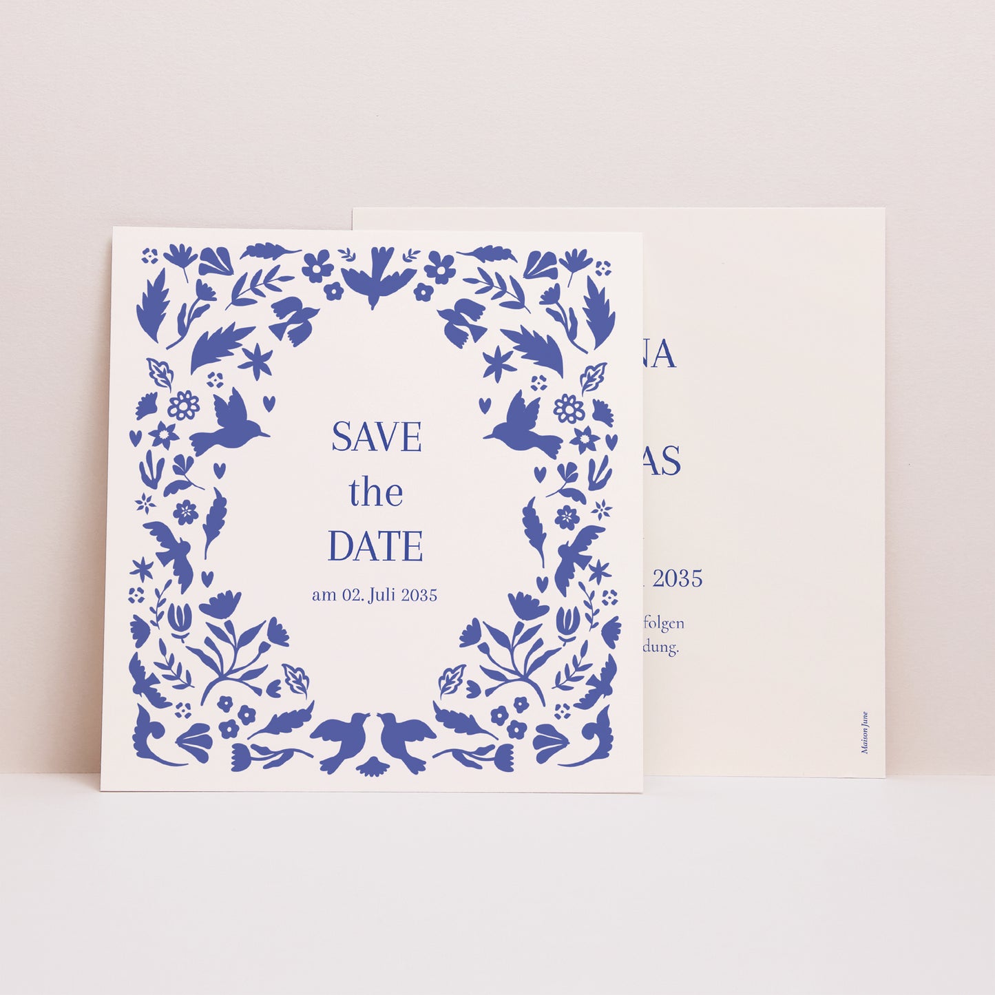 Save the date Karte Hochzeit Quadrat Herzblau foto N° 1
