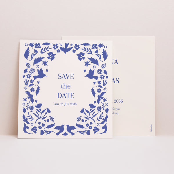Save the date Karte Hochzeit Quadrat Herzblau foto