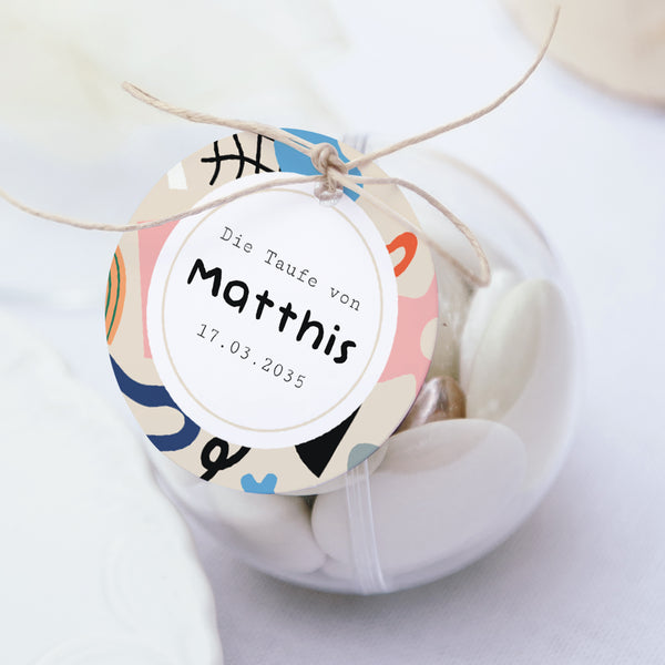 Geschenkbox Taufe Kugel mit runder Etikette Matisse ganz in Farbe foto