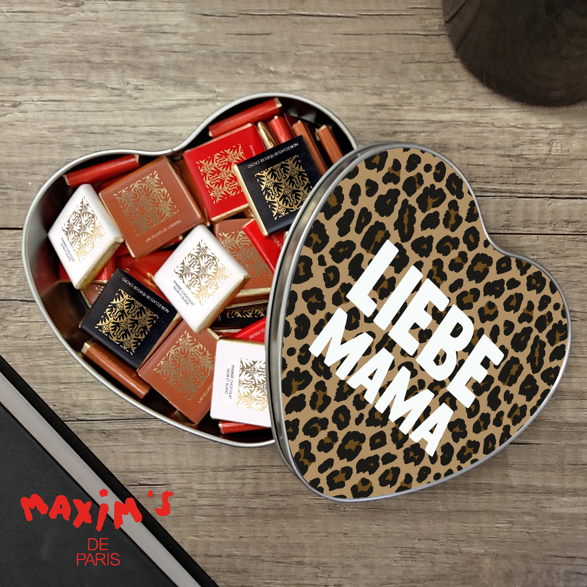 Metalldose Objekte herz, mit Schokolade gefüllt Mama der Liebe Leopard foto N° 1